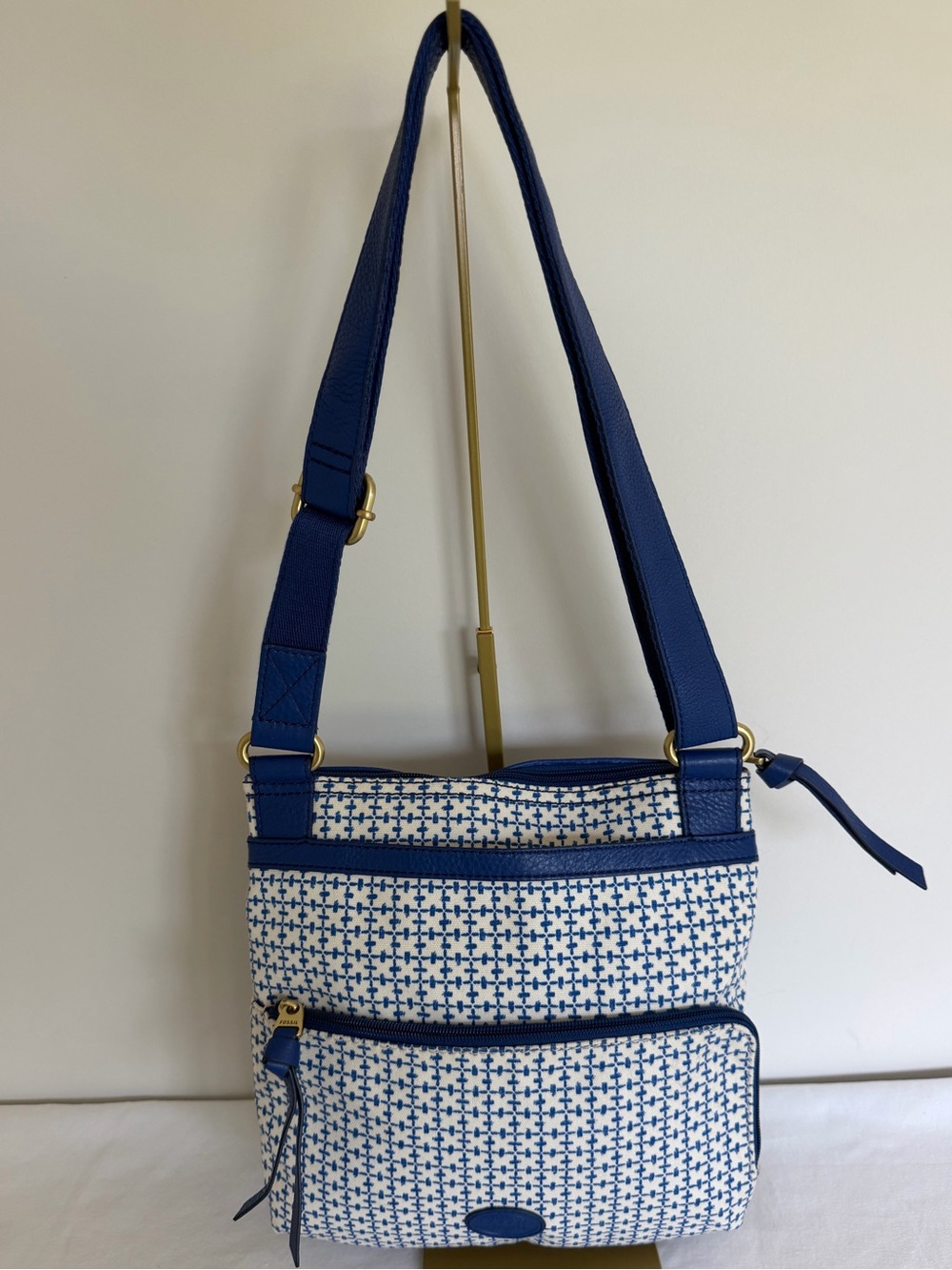 Fossil Blue White Print Canvas Leather Trim Crossbody Shoulder Bag